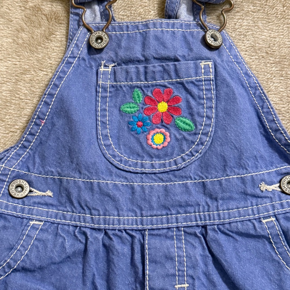 OshKosh Bgosh Girls Blue Floral Embroidered Ruffle Shortall Overalls 6 Months - Picture 6 of 8